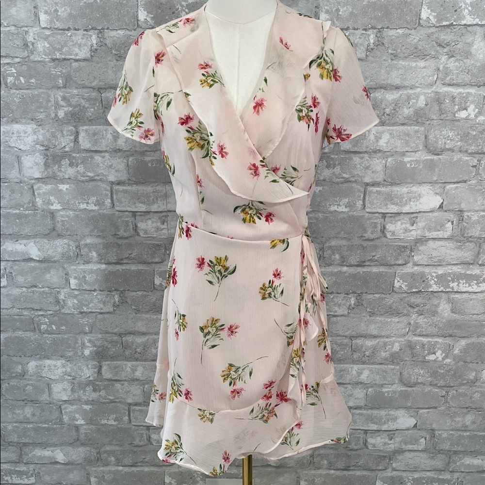 Lush Floral Mini Wrap Dress in Cream and Pink